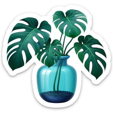 Aesthetic monstera flower in deep bottle green color in a beautiful blue pot sticker