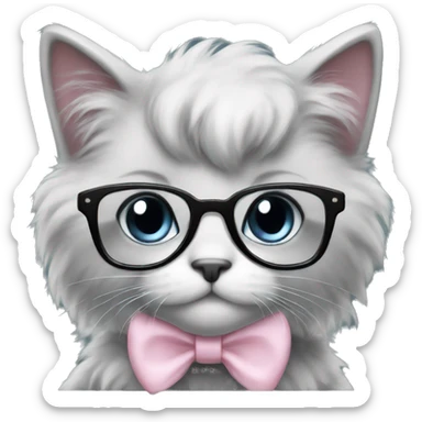 fluffy black kitten nerd with glasses and light pink bow sticker