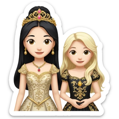 Asian girl black hair and blonde white girl dressed as princesses sticker