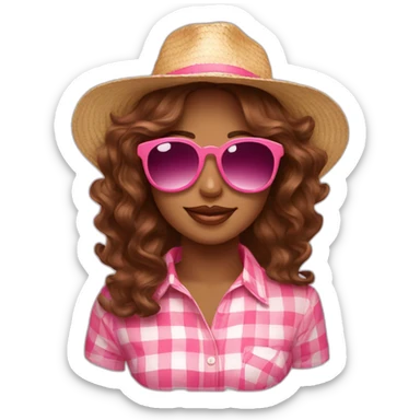pink sunglasses on female head with wavy brown hair and a summer hat sticker