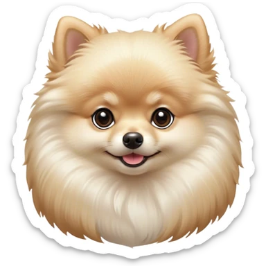 Cinematic Cute Cream Pomeranian Portrait Emoji, Head tilted playfully and inquisitively, featuring a luxurious, fluffy cream Fur with a natural sheen, round, sparkling dark eyes filled with curiosity, Simplified yet irresistibly adorable features, highly detailed, glowing with a warm, friendly glow, high shine, affectionate and lively, stylized with a touch of whimsy, bright and endearing, soft glowing outline, capturing the essence of a mischievous yet loving pup, so playful it feels like it could scamper out of the screen and into your arms! sticker