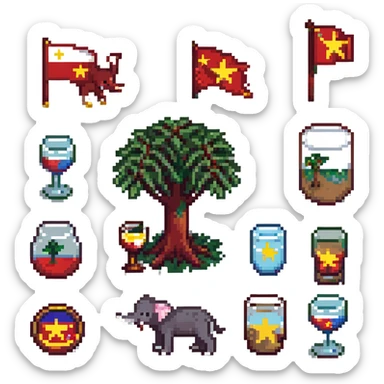 cat, dog, wolf, Vietnam flag, tree, elephant, and a glass all together in pixel art style sticker