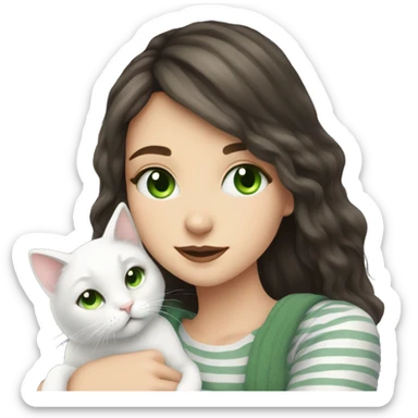 brunette girl with green eyes snuggling fluffy white cat with grey stripes sticker