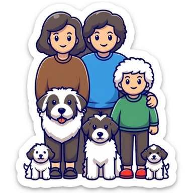 A family with mom, dad, three sons, and an Old English Sheepdog sticker