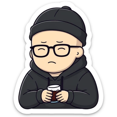 bald white guy with glasses, wearing a black beanie, black hoodie, drunk passed out sticker