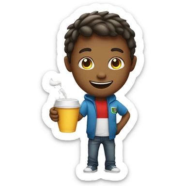 smiling boy holding cup dabbing sticker
