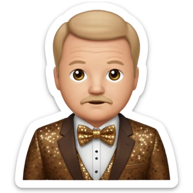 Kyle Gass with dark blonde hair, brown sequin suit with bow tie sticker