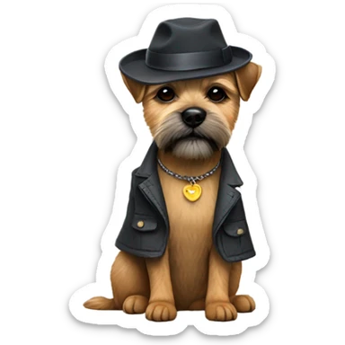 Border terrier with jacket and hat sticker