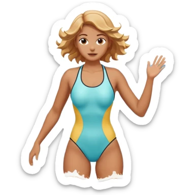 woman standing in the ocean with visible waves around her, medium shot showing upper body and surrounding water, waves clearly rising and splashing, dynamic sea motion, confident expression, 3D cartoon style, mobile game icon style, clean composition, no text, no watermark
  sticker