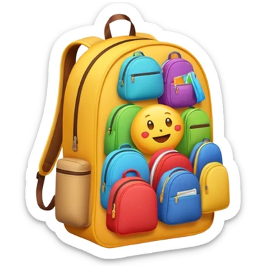 Emoji-style backpack overflowing with clothes, rounded cute shapes, soft shadows, colorful sticker