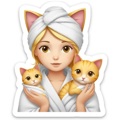 A beautiful girl with fair skin - just finished taking a shower - wrapped in a bath towel and holding a golden gradient cat sticker
