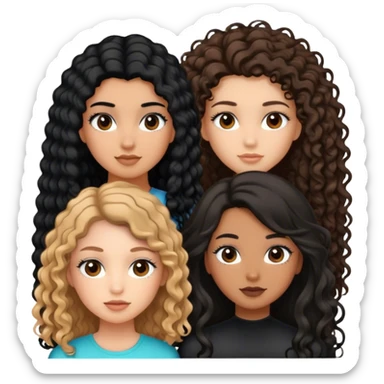 2 tan girls with black long curly hair and long lashes, 1 girl with long straight hair, 1 girl with short straight hair sticker
