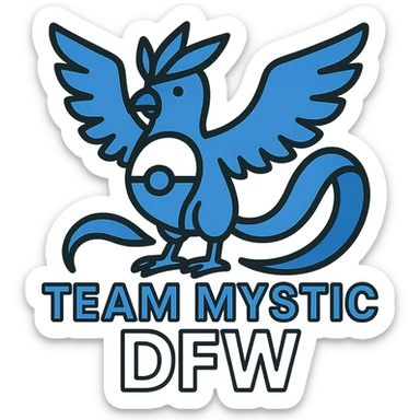 Add Pokéball elements integrated with the Articuno and text in a clean blue and white style, preserving the Team Mystic DFW logo's original look and feel. sticker