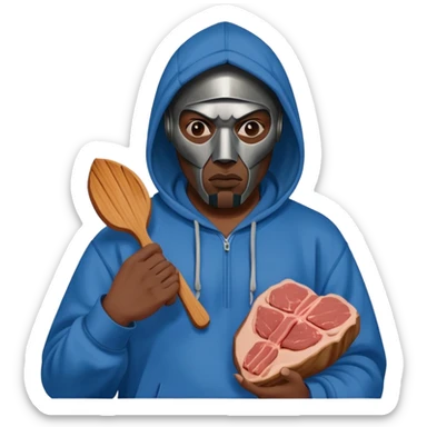 MF DOOM in a blue hoodie holding a piece of meat sticker