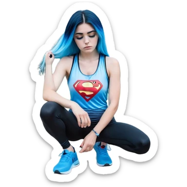 Shameful disappointed crying-very very very very big chest-texting on a samsung cell phone-very long straight flowing black to sky blue hair ombre-blue eyes-black eyeliner-long eyelashes-plastic sparkling sky blue very low cut tank top with sparkling superman logo-black leggings-nike sneakers sticker