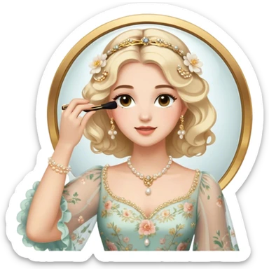  Middle Eastern-inspired moment of a woman getting ready in front of a mirror. She wears a delicate floral dress with sheer, flowy sleeves, accessorized with gold jewelry and traditional pearl-adorned hair clips. Her  as she applies mascara, her reflection revealing a soft smile.  sticker