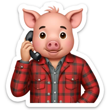 pig man with grey shirt  and red plaid jacket calling somone  sticker