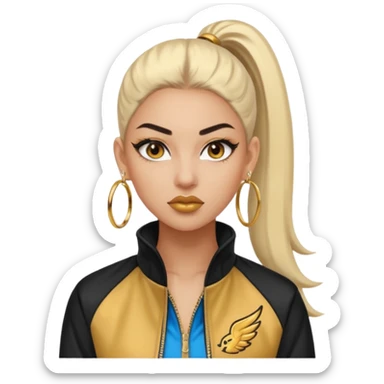 “Emoji girl, fierce confident expression, sharp winged eyeliner, bold brows, matte nude lips, long lashes, sleek high ponytail, wearing gold hoop earrings and sporty streetwear jacket.” sticker