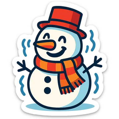 happy snowman with a big smile, wearing a scarf, shivering slightly from the cold sticker