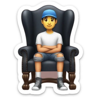 A cap wearing boy seating on a king chair ,the chair with wings an the background display  name sunil kumawat  sticker