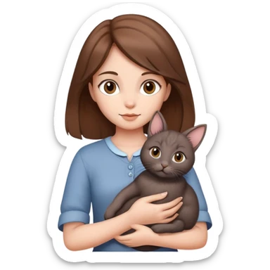 girl with brown hair holding a brown rabbit, gray cat, and black kitten sticker