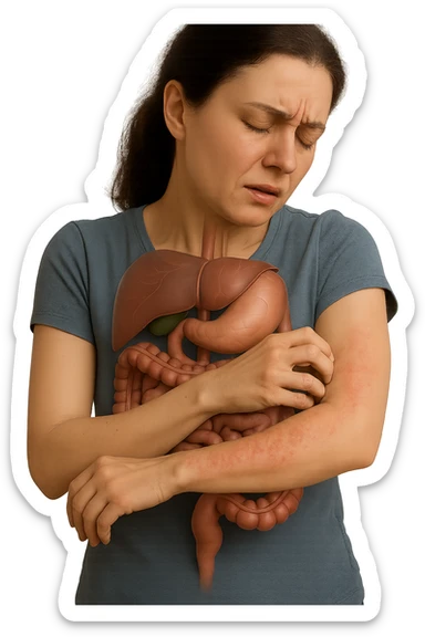 donna con intestino umano anatomico realistico che si gratta il braccio su cui ha un'eritema, iperrealistica 4k sticker
