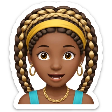 big lose braids starting from the top of the head woman face wiith big visible braids and mono color headband on head excited face and braids as big as headband and lots and lots of piercings sticker