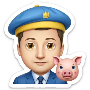 President Zelensky's head on a pig body wearing a yellow and blue hat sticker