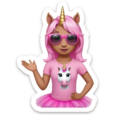 friendly anthropomorphised female unicorn with horse-like face, in tutu and pink t-shirt, wearing dark sunglasses, relaxed pose, close-crop head and shoulders sticker