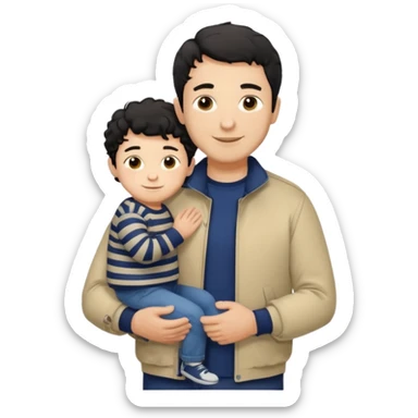 A father with short curly black hair and a friendly smile, dressed in a navy blue T-shirt and a beige jacket. He carries his child with soft straight dark hair wearing a tiny striped sweater. Bright, natural, heartwarming scene. sticker