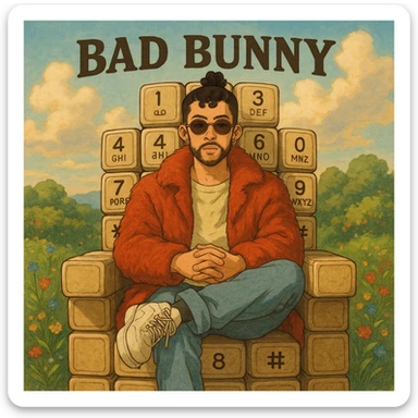 ghibli style Bad Bunny sitting on a throne-like chair made of phone keypads, detailed and artistic album cover sticker