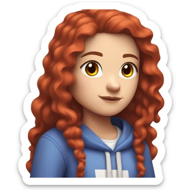 a white girl with long red curly hair, wearing periwinkle Minecraft hoodie playing a videogame sticker