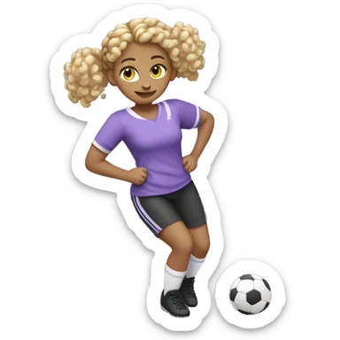 BLONDE GIRL WITH CURLS PLAYING FOOTBALL SMILING WITH BRAIDS WITH LILAC AND BLACK T-SHIRT WITHOUT STRIPES FULL BODY WITH A BALL sticker