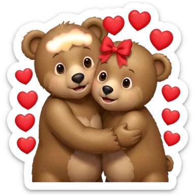 female bear with bow on her head and male bear hugging, couple, surrounded by hearts, playful and loving, cute, same height  sticker
