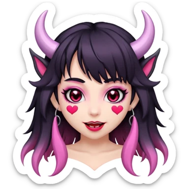 succubus,-pink-irises,-heart-pupils,-black-shaggy-hair,-straight-across-fringe,-grey-skin,-white-horns-curving-towards-forehead,-succubus-horns,-flirty-smile,-full-lips,-black-lips,-cute-fangs sticker