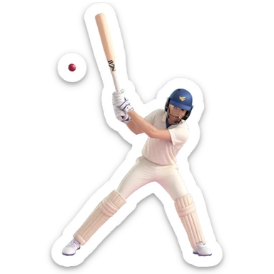 a cricket player swinging a bat, focus on action, simple background, expressive face sticker