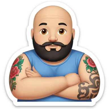 Fat Bald man with black beard saying hi with only one colorful tattoo on forearm  sticker