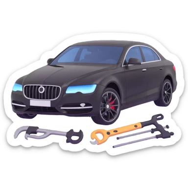 black luxury car with a clearly visible dent on the bodywork, specific PDR tools such as rods, levers, and small hammers positioned to show active repair, elegant and modern sticker