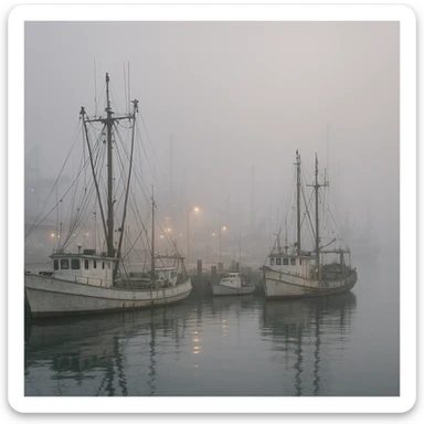 photorealistic port with fishing boats, misty morning atmosphere sticker