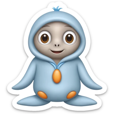 No head..it has 1 eye....stands upright ...wears clothing. is light grey and light blue..looks happy and cuddly... doesnt have a full head.... there is a appendage coming out of top of body with a single large eye sticker