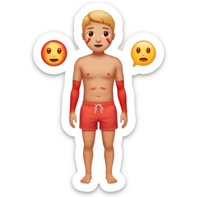 Emoji-style person in beach shorts, skin visibly sunburned and red on arms, legs, and face Expression shows mild pain or discomfort, cute rounded emoji desig sticker