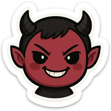 devil emoji in chibi style with gothic palette black and red, small horns, mischievous grin sticker