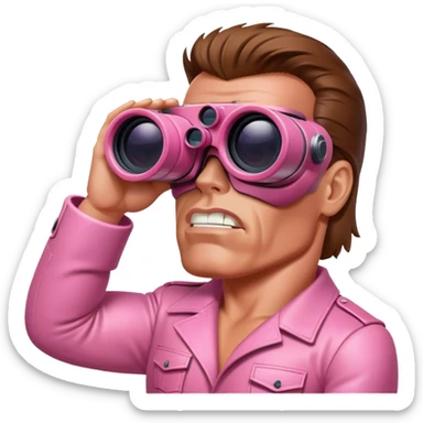 schwarzenegger-looking pink terminator looking through binocular, viewed from an angled perspective sticker