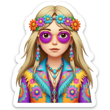 3D, psychedelic colored hippie wearing hip huggers and a fringed jacket with flower border sticker