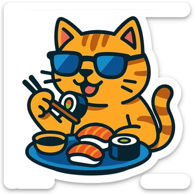 cat in sunglasses eating sushi sticker