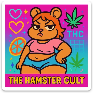 Vibrant, square Discord server icon for 'The Hamster Cult (THC)'. Central character: thick tan anthro cute hamster girl with big thighs, chubby tummy, pouty lips, and a bratty attitude, wearing a cute crop top and shorts. Colorful, vaporwave-inspired background with neon hearts, fruitger aero and webcore pixel details, weed leaf, subtle 'THC' logo. Minimal or no snacks. Playful, bratty, chaotic but polished, perfect for a Discord icon. sticker