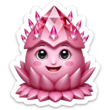 A single cute pink crystal cluster character, chunky round base with many tall rose-pink crystal spikes growing upward like a quartz cluster, faceted and slightly imperfect, on the front of the base a kawaii face with big shiny eyes and a happy open smile very shiny sticker