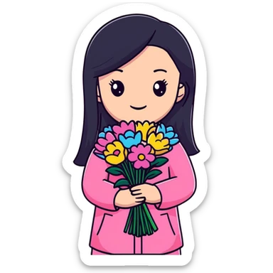 Beautiful girl with long straight black hair, fair skin, wearing pink clothes, holding a bouquet of colorful flowers sticker