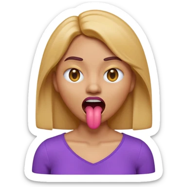 A 3D emoji-style woman with a dead-face vibe: X-shaped crossed-out eyes, mouth open with tongue sticking out slightly, lifeless cartoon expression. She has light caramel brown skin, smooth glossy emoji texture, rounded face, shoulder-length hair, wearing a purple top. sticker