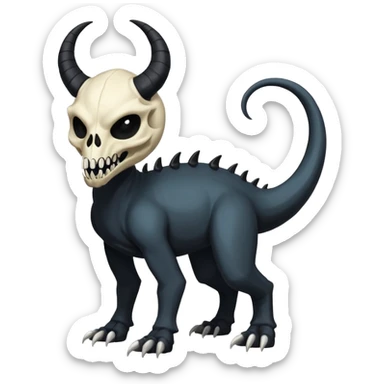 Shiny Dark Edgy  Duskull-Salandit-Amaura-Fakémon-hybrid-creature (full body) with a horned animal-skull-mask sticker